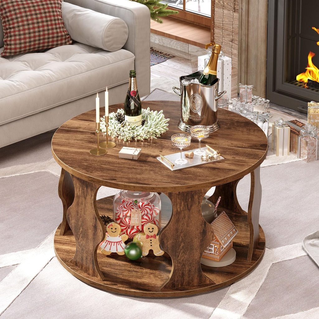 HSH Round Wood Coffee Table, 2 Tier Circle Center Table with Storage, Farmhouse Modern Wooden Living Room Coffee Tea Tables, Unique Vintage Circular Middle Cocktail Table, 31.5 in Rustic Brown