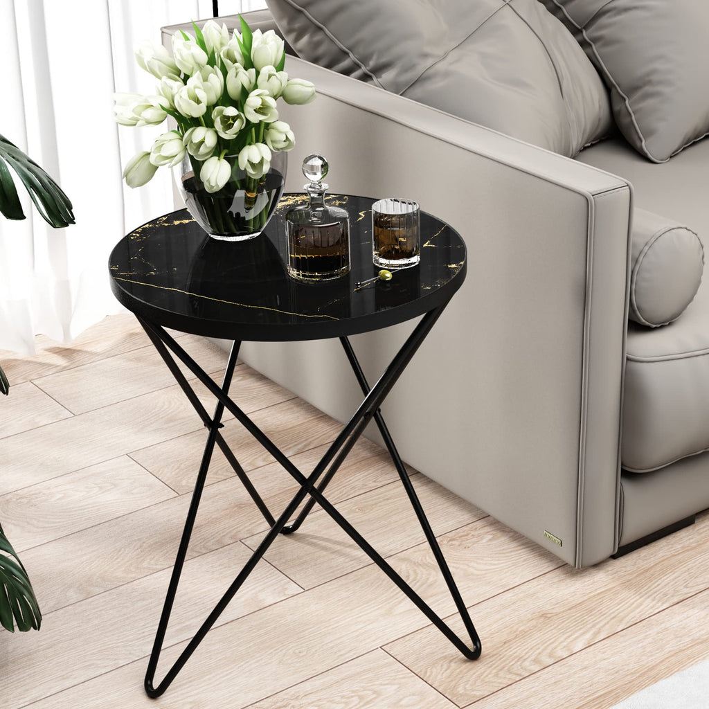 HLR Modern Round Side Table, End Table with Marble Effect Top and Gold Metal Frame, Small Side Table for Living Room, Bedroom, Sofa and Couch, Gold Legs, Green Marble top