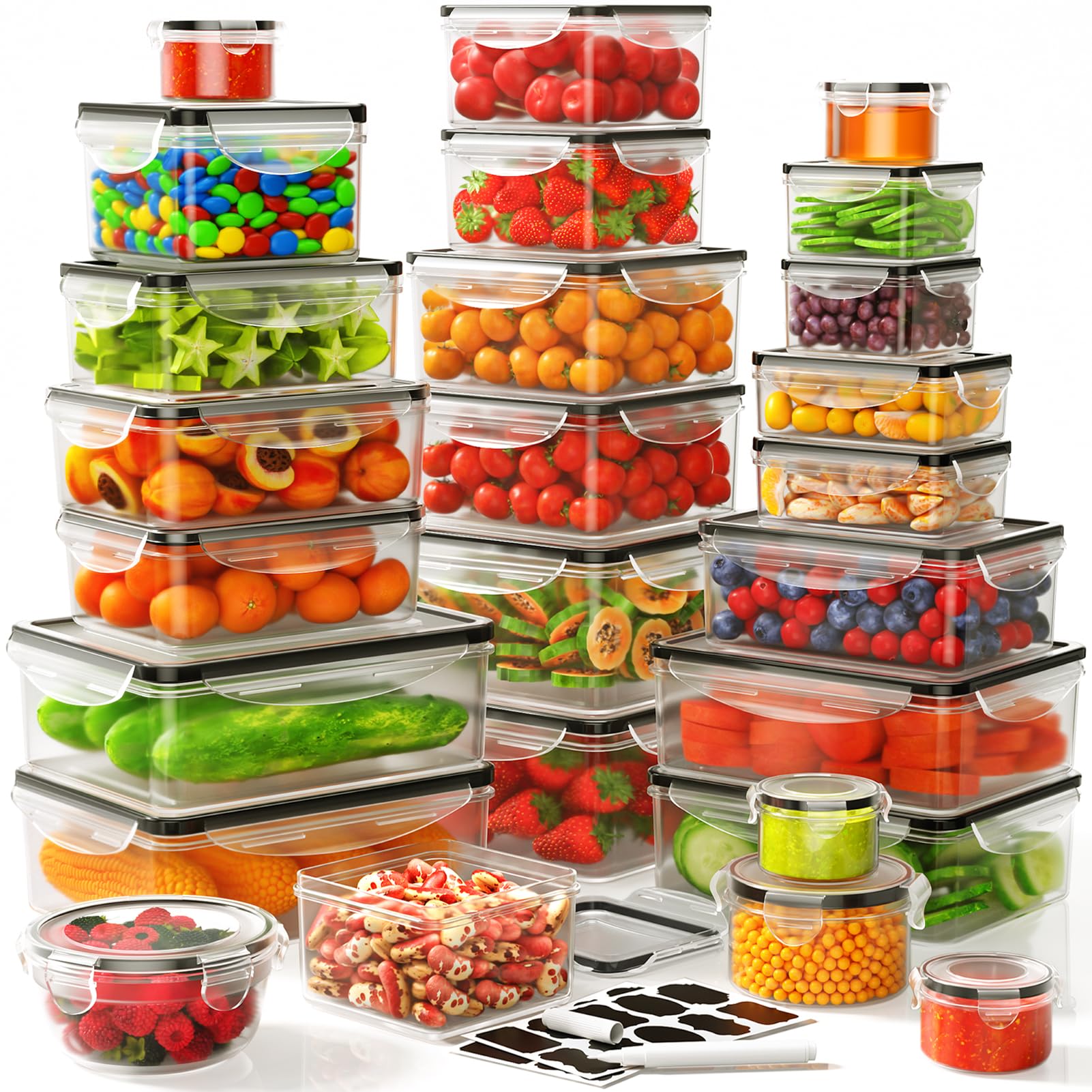34 PCS Food Storage Containers Set with Airtight Lids (17 Lids &17 Containers) - BPA-Free Plastic Food Container for Kitchen Storage Organization, Fruit Meal-prep Containers with Labels & Marker