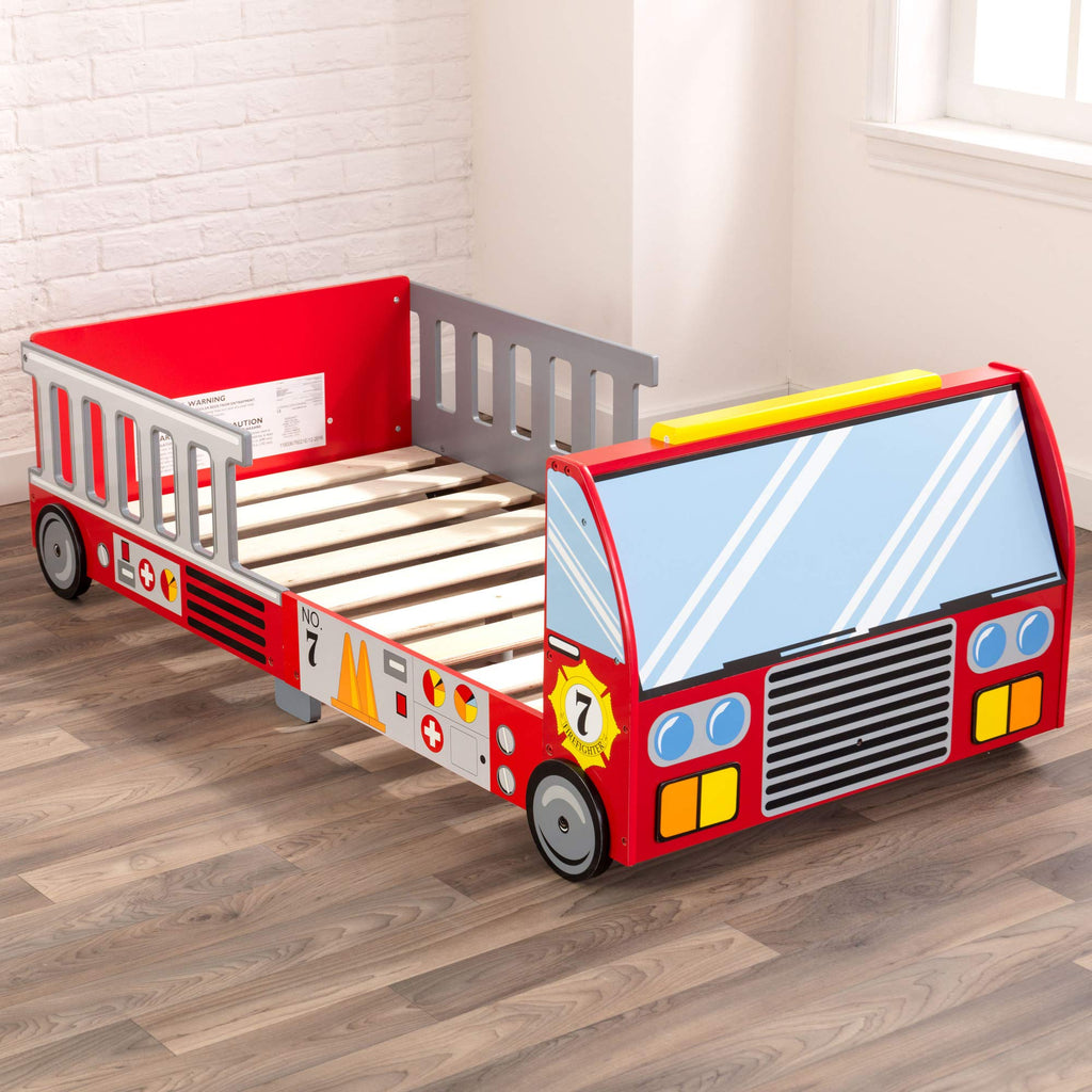 KidKraft Fire Truck Wooden Toddler Bed with Guard Rails, Children's Furniture - Red, Gift for Ages 15 mo+