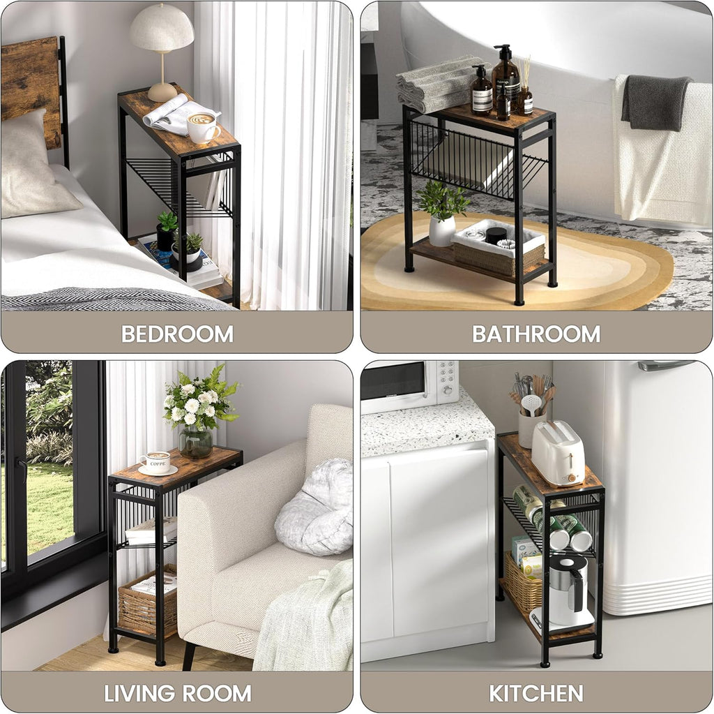 Small Side Table for Small Space, 3-Tier Narrow End Table with Magazine Holder,Slim Nightstand, Skinny Snack Couch Table in Living Room, Bedroom Study and Balcony (Rustic Brown &Black)