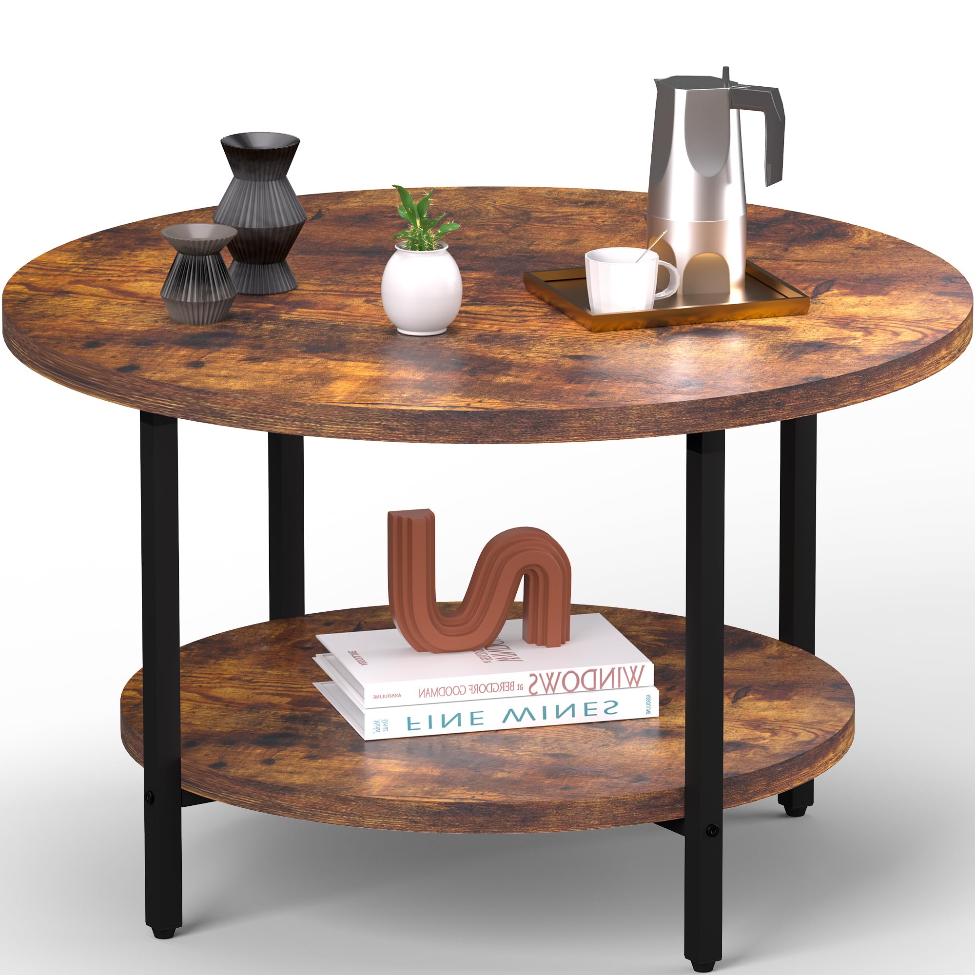 Round Coffee Table, Small Coffee Tables for Living Room, Wood Coffee Table with Metal Frame, Floor Table Desk for Sitting on The Floor, Home, Office, Farmhouse, Rustic Brown (23.6"D x 17.7"H)