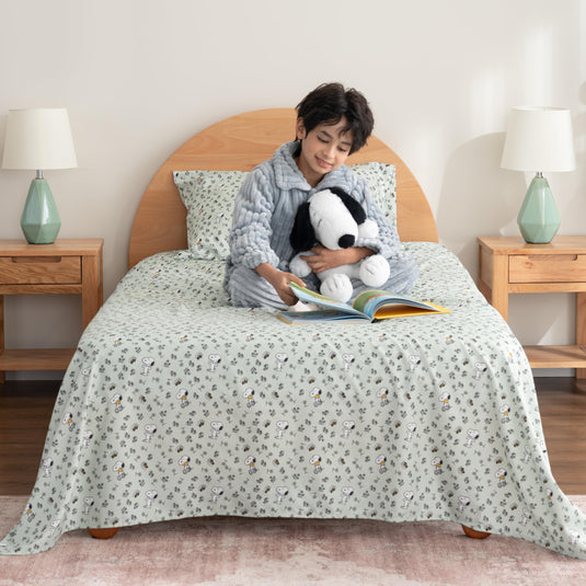 Berkshire Blanket Peanuts® Kids Sheet Set, Full Size - 4 Pieces, Peanuts® Mini Poses and Paws Grey, Cute Character Snoopy Printed Soft Microfiber Bed Sheets