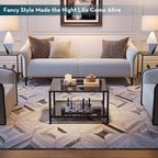 SAYGOER Modern Coffee Table Small Glass Coffee Table with Storage 2-Tier Simple Square Center Table for Living Room Home Office Sofa Table with Metal Frame 26.7 x 26.7 x 17.7 Inches, Gray Black