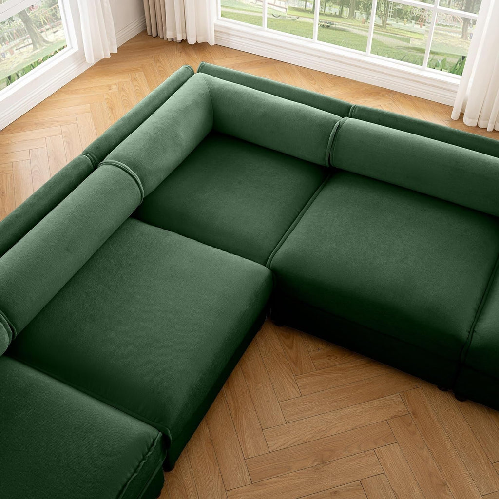 Large Sectional Couches for Living Room, Corner Couch with Storage Chenille Sectional Sofa, Cylindrical Backrest and Armrests 6 Seats,Green