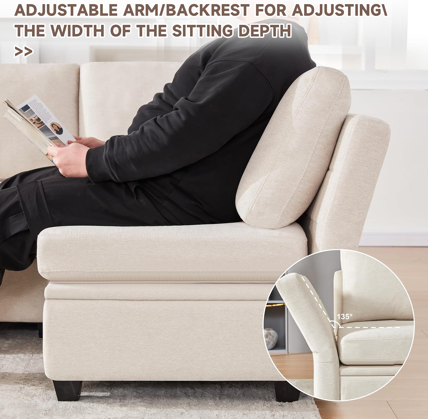 Modular Sectional Sofa with Storage, U Shaped Sectional Couch for Living Room, Convertible Modular Sofa Couch with Ottomans, High Supportive & Soft Sponge, 6 Seat, Beige