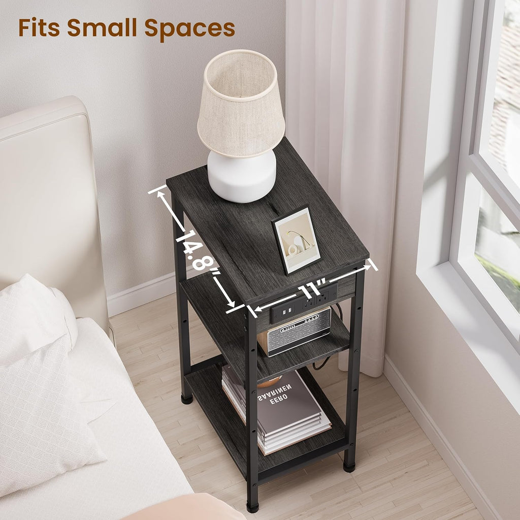 Tall End Table with Charging Station, 3 Tier Narrow Beside Table with Adjustable Shelf, Tall Gray Side Table Nightstand for Bedroom, Living Room Coffe Table, Office, Charcoal Grey