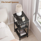 Tall End Table with Charging Station, 3 Tier Narrow Beside Table with Adjustable Shelf, Tall Gray Side Table Nightstand for Bedroom, Living Room Coffe Table, Office, Charcoal Grey