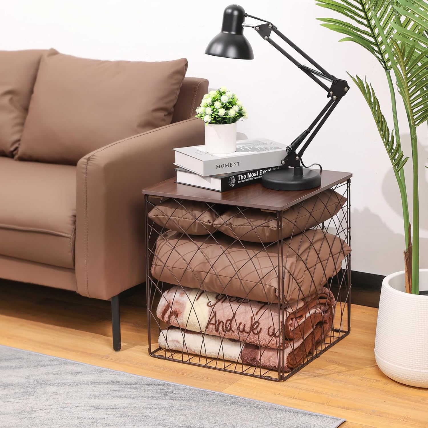 Small Coffee Table Storage, Square End Tables Blanket Basket with Lid for Living Room Folding Storage Side Table 1 Pack