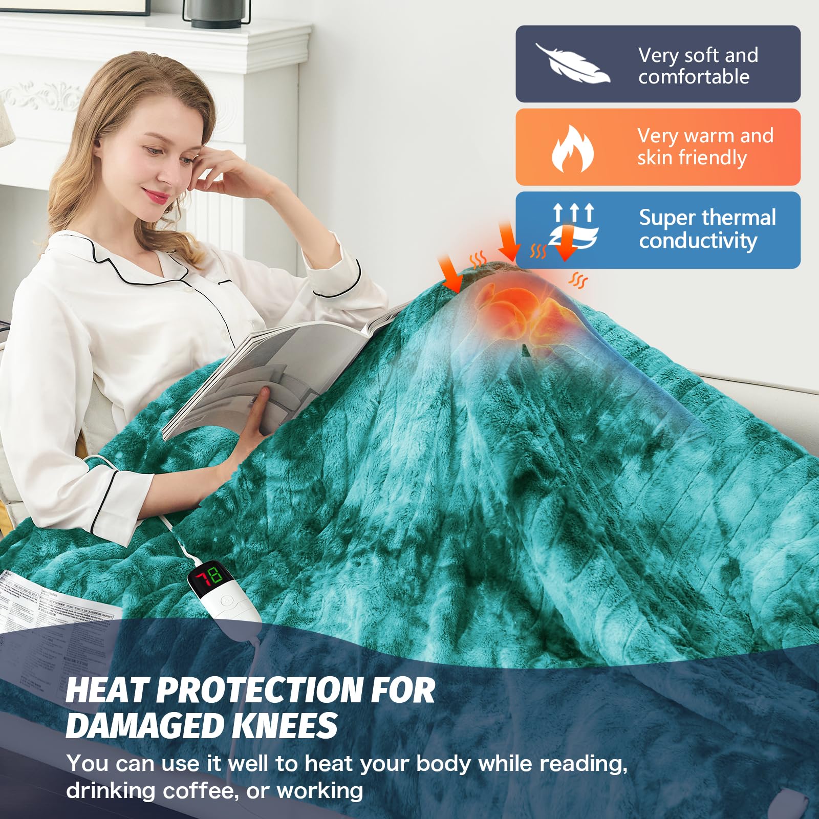 Manta Elétrica Aquecida OCTROT - Manta de Aquecimento em Sherpa de Lã para Sofá, Manta de Aquecimento de Pelo Sintético para Colo com Temporizador de 5 Posições e 10 Níveis de Aquecimento, Certificação ETL&FCC, para Adultos