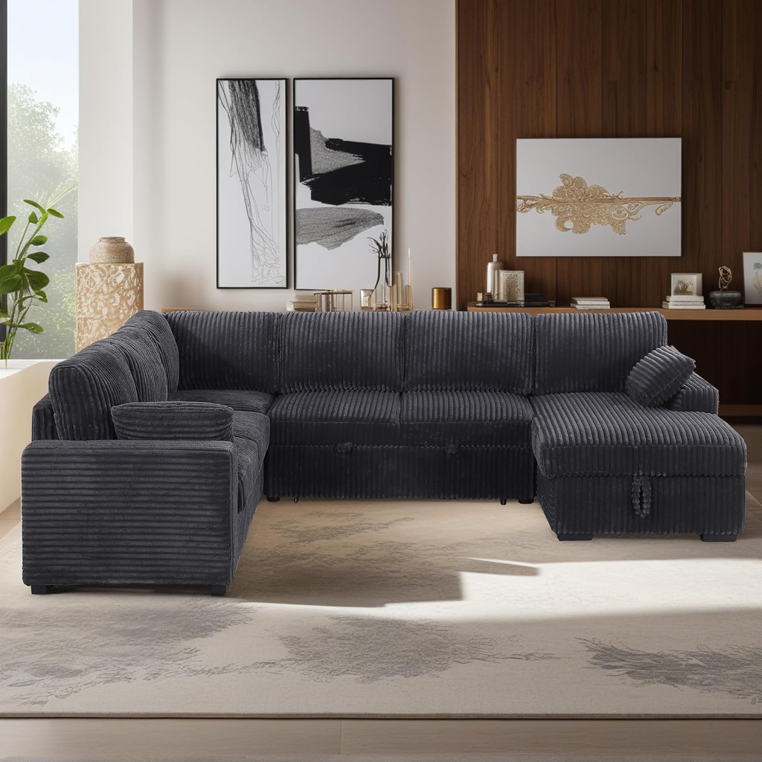 Oversized U-Shaped Sleeper Sectional Sofa Modern Fluffy Corduroy Upholstered Corner Convertible Sofabed with Pull Out Sleeper Couch Bed ,Storage Left Chaise and Pillows for Living Room Furniture Sets