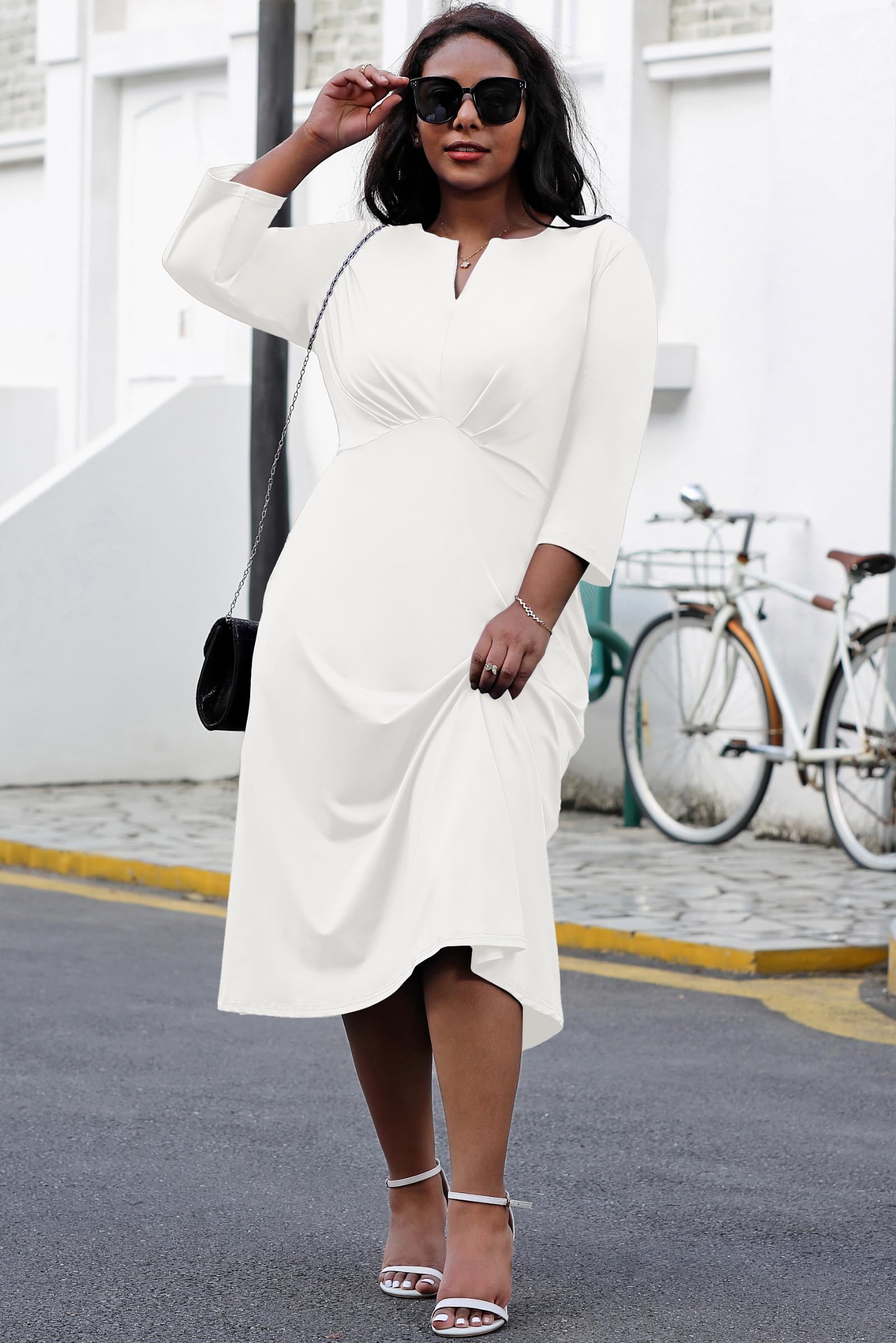 Nmoder Women's Plus Size Stretchy Flared Wrap Dress Casuel Wedding Guest Cocktail Work Midi Dresses V Neck 3/4 Sleeve A-Line Swing White 2XL