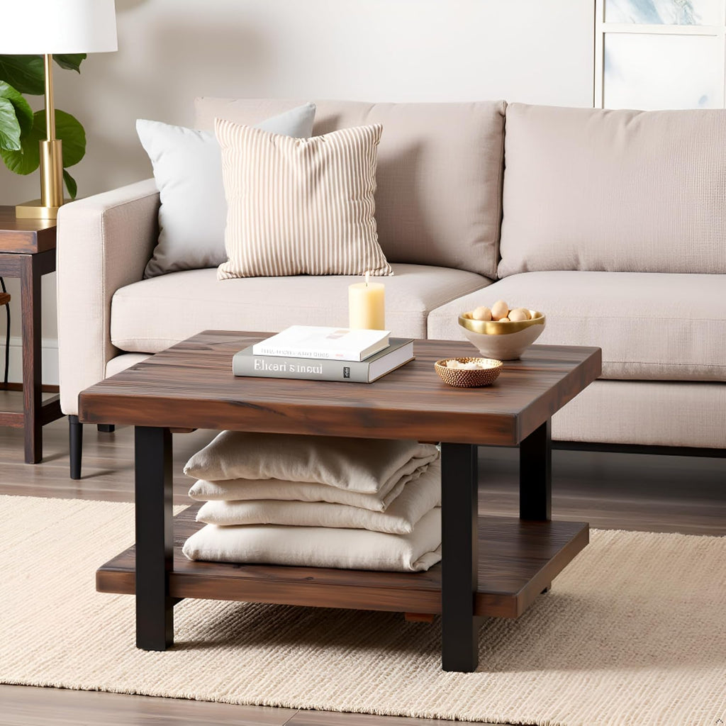 Pomona 27-Inch Rustic Square Coffee Table – Solid Pine Wood with Natural Weathered Finish and Industrial Metal Legs – Small Space Living Room Accent by Alaterre Furniture