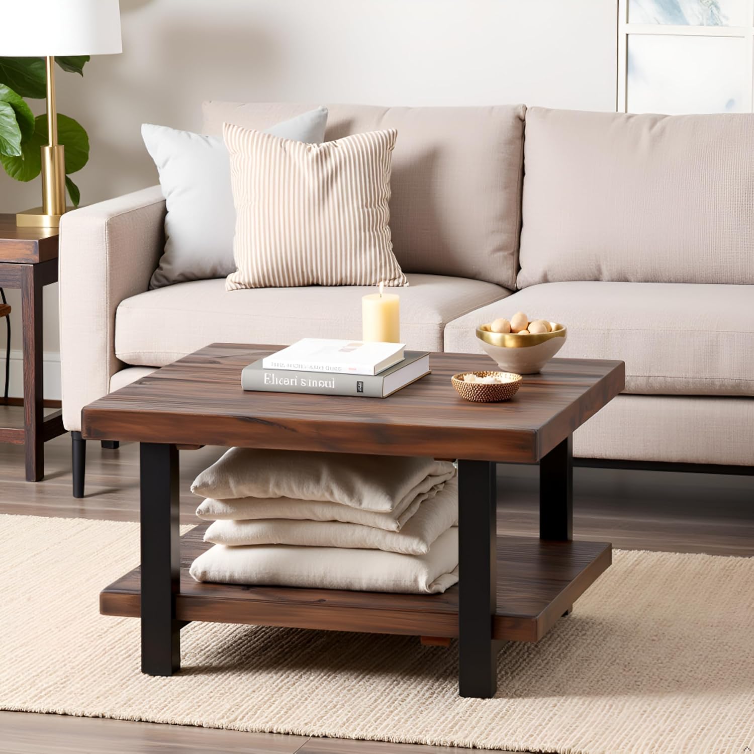 Pomona 27-Inch Rustic Square Coffee Table – Solid Pine Wood with Natural Weathered Finish and Industrial Metal Legs – Small Space Living Room Accent by Alaterre Furniture