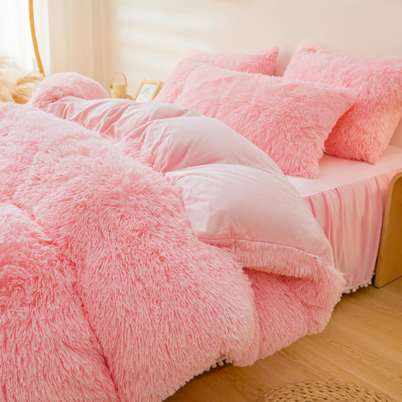 Fluffy Pink Faux Fur Comforter Cover Set，Fluffy Fuzzy Plush Pink Bedding 3Pcs (1 Faux Fur Duvet Cover +2 Fuzzy Pillowcases) Pink Fluffy Bed Set (Pink, Queen)