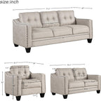 3 Pieses Mid-Century Modern Sofa Sets Linen Fabric Tufted Back Include 3 Seaters Couch, Loveseat and Armchair with Rivets Rivets for Home Apartment Office Living Room Furniture Sets