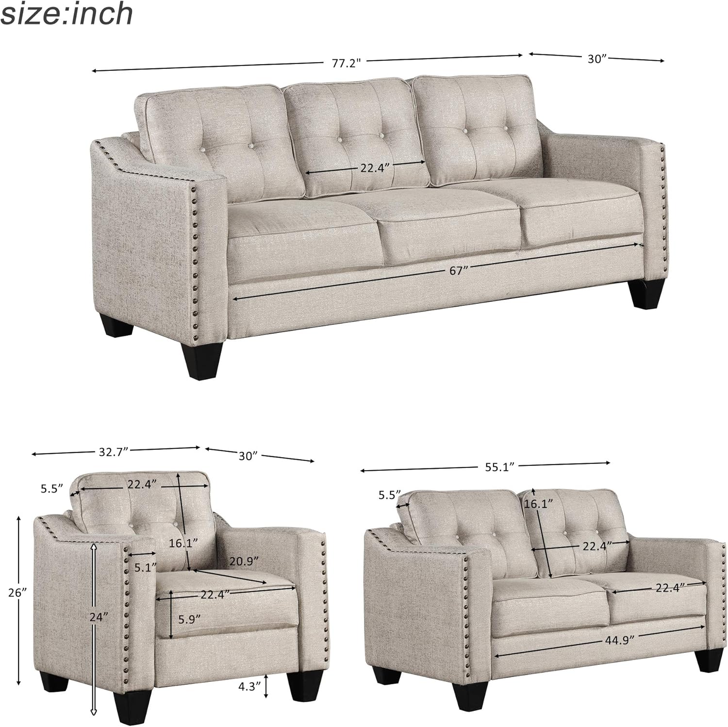 3 Pieses Mid-Century Modern Sofa Sets Linen Fabric Tufted Back Include 3 Seaters Couch, Loveseat and Armchair with Rivets Rivets for Home Apartment Office Living Room Furniture Sets