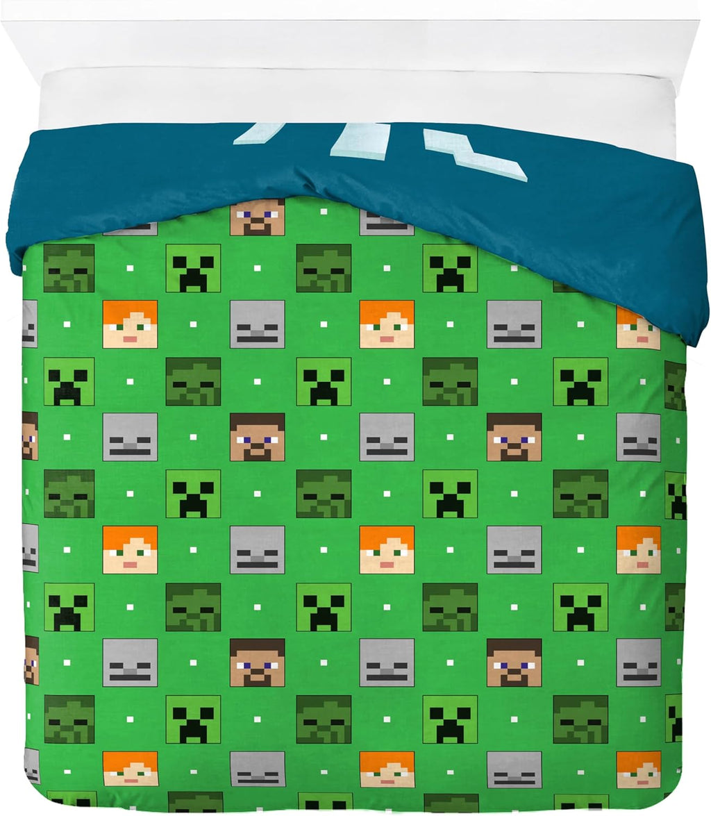 Jay Franco Kids Duvet Cover Set – 3 Piece Super Soft Bedding with Sham Pillowcase, Cover ONLY Comforter Not Included, Blue - Minecraft, Full