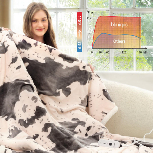 Heated Throw Blanket Electric Blanket - Heating Blanket Throw with 5 Heat Levels & 4 Hours Auto-Off, Cozy Soft Fleece Sherpa Blanket, Washable, Fast Heating, 50 x 60 Inches, Cow Print