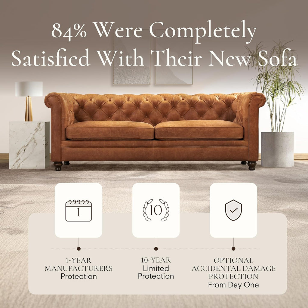 Poly & Bark Lyon Leather Couch - 87.4 Inch Sofa - Full-Grain Leather Sofa for Living Room with Feather-Down Topper - Living Room Couch - Vintage Italian Leather in Cognac Tan