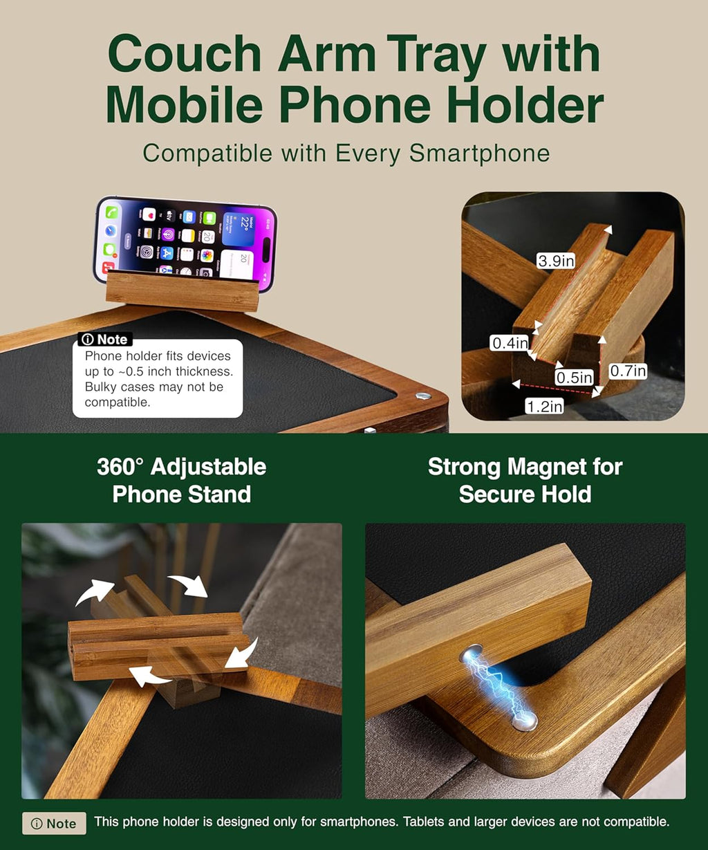 Acacia Couch Arm Tray/Mini Table – 2 in 1 Couch arm Table (15.3” x 9.8” x 4”), Adjustable Legs (up to 8.8”), 360° Rotating Phone Holder, Wire Holder, Non-Slip Mat – Couch Tray to Keep Snacks, Coffee