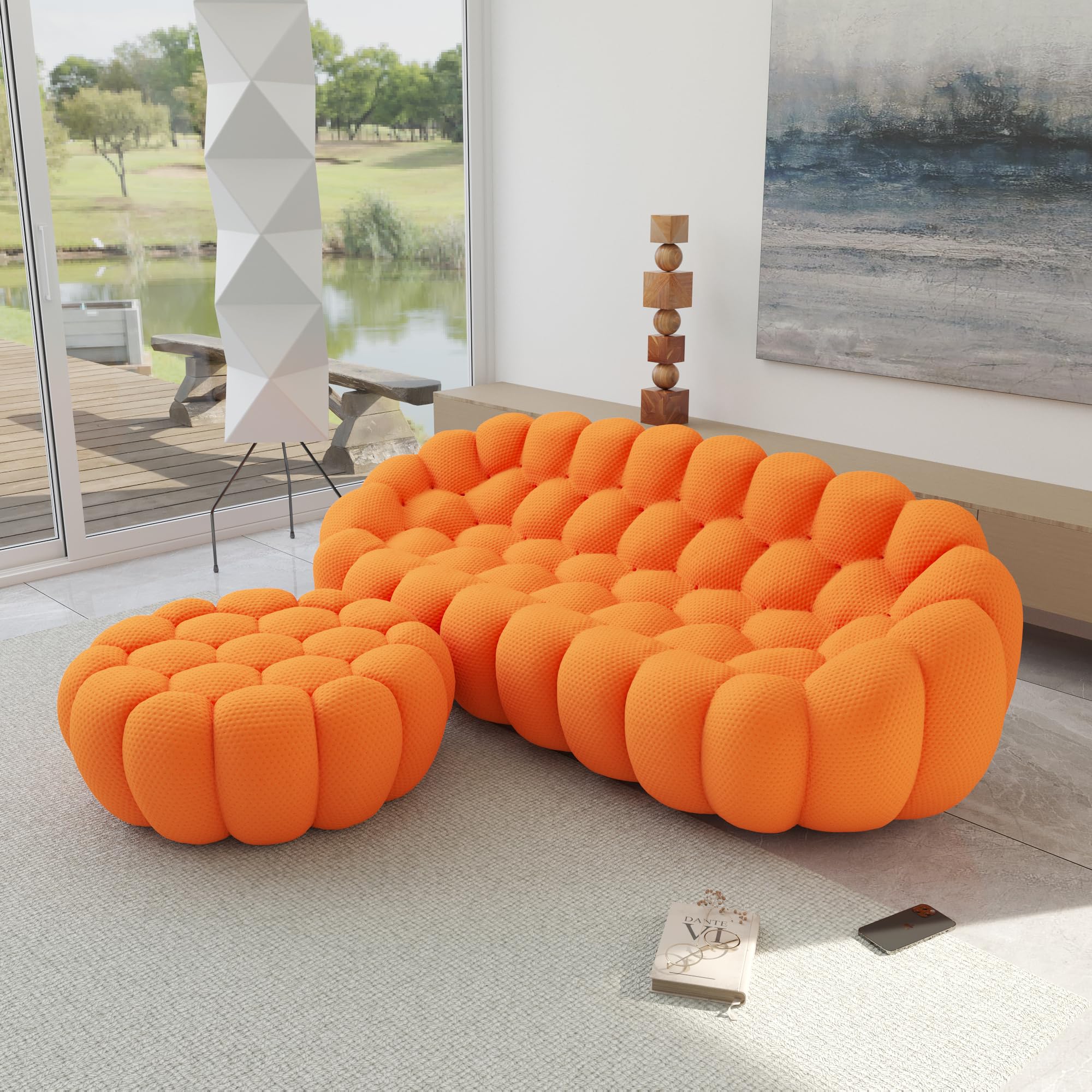 JACH Bubble Sofa Curved Couch Set, Comfy Upholstered Sofa, Mesh Fabric 3D Honeycomb Shape Modern Couches for Living Room, Apartment (Orange, 1 Seater, 2 Seater, 3 Seater, Ottoman)