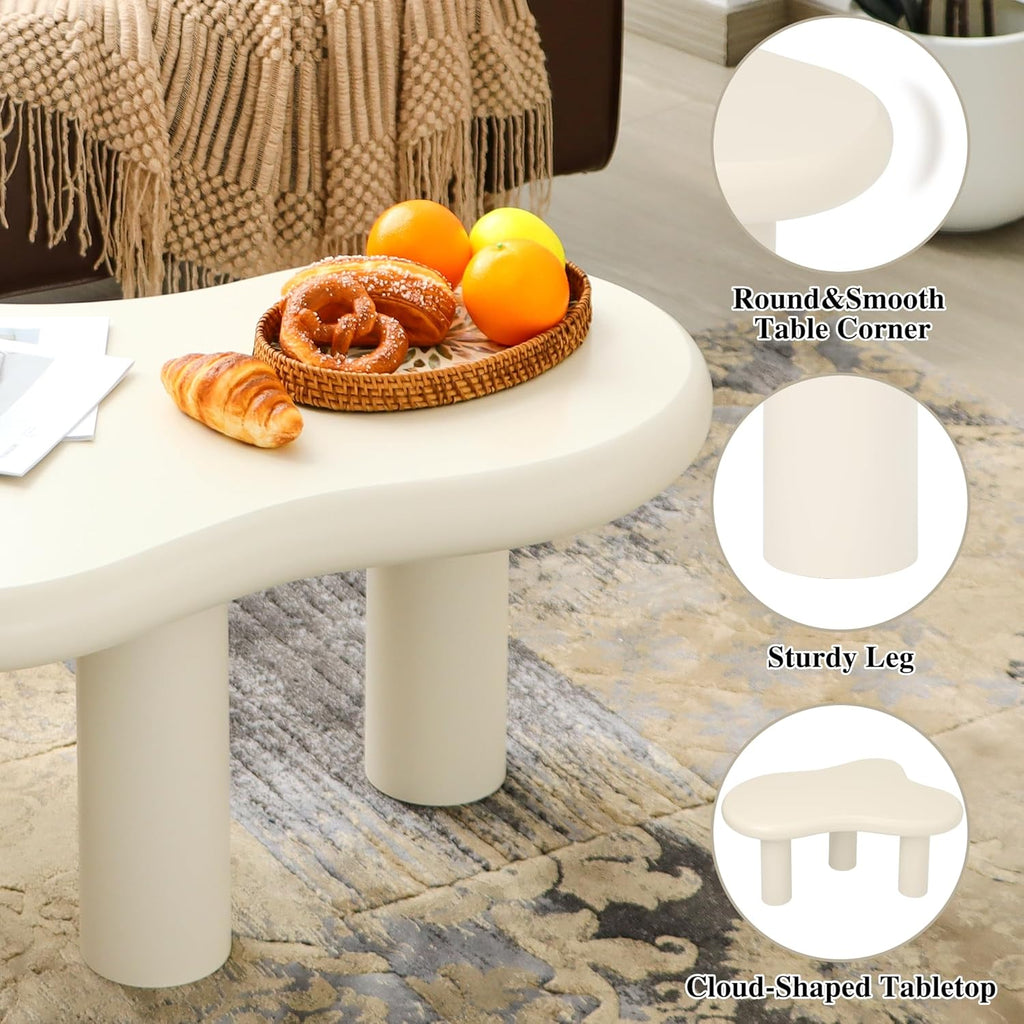 34"(L) Cloud Coffee Table, Modern Wood Coffee Table for Living Room, Accent Unique Center Tables with 3 Legs, Small Tea Tables for Balcony, Patio, Bedroom, Cream White