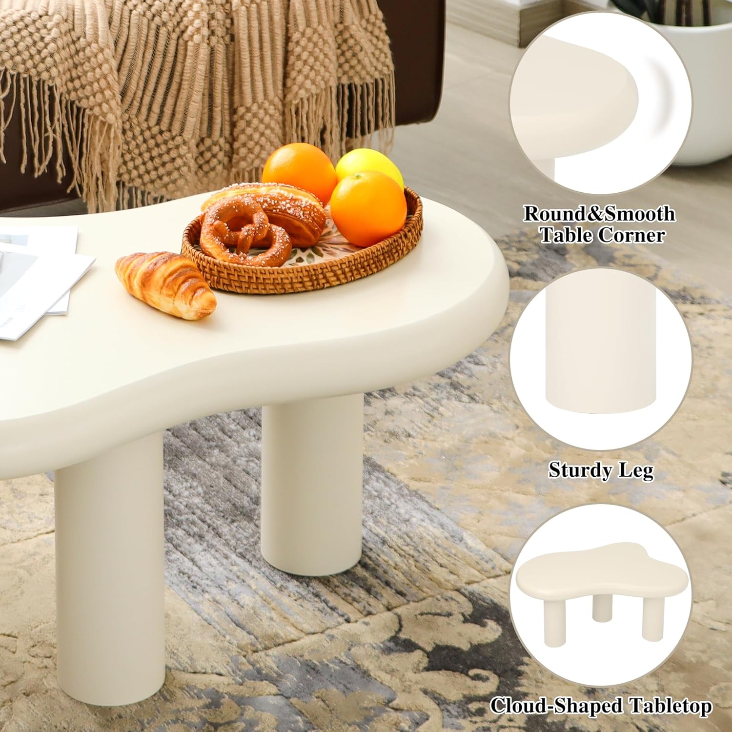 34"(L) Cloud Coffee Table, Modern Wood Coffee Table for Living Room, Accent Unique Center Tables with 3 Legs, Small Tea Tables for Balcony, Patio, Bedroom, Cream White