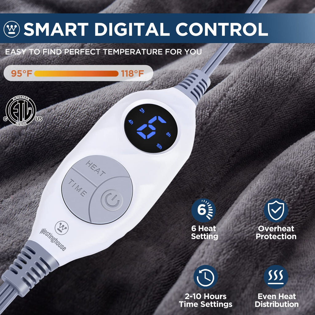 Manta eléctrica Westinghouse tamaño Queen, franela súper suave y acogedora 84" x 90" manta calefactable con 10 niveles de calentamiento rápido y apagado automático de 1-12 horas, lavable a máquina, certificación ETL y FCC, beige
