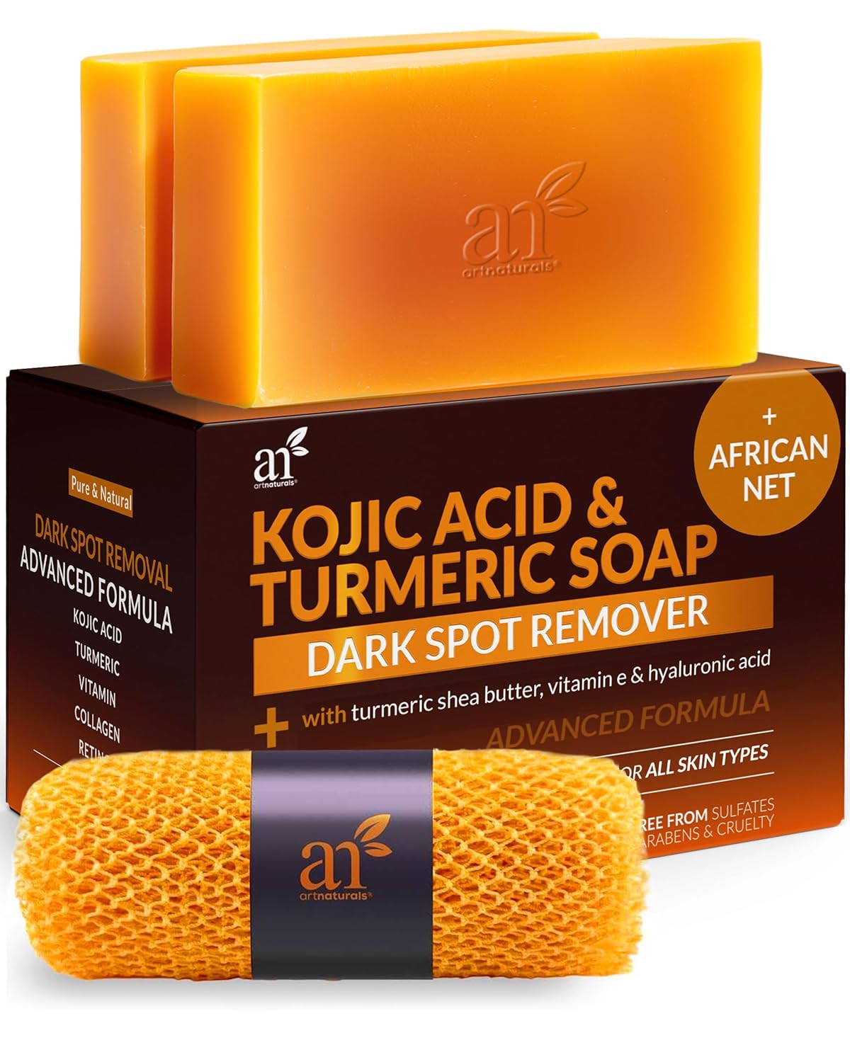 Artnaturals Kojic Acid Soap + African Net Sponge (2 pack X 142g Turmeric bars) Dark spot remover & Scars - Original Japanese Complex Vitamin C, Hyaluronic Acid, retinol, shea butter (Citrus)