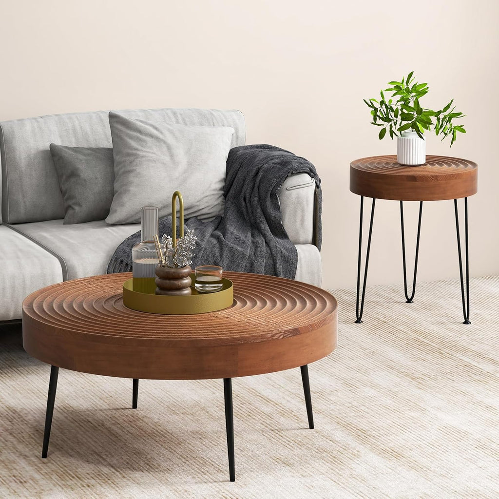 Giantex Boho Round Coffee Table Set of 2, Sofa Side Nesting Table with Solid Pine Wood Top, Metal Legs & Adjustable Foot Pads, 31.5" D Large Table Set for Living Room (Ring Pattern, Brown)