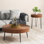 Giantex Boho Round Coffee Table Set of 2, Sofa Side Nesting Table with Solid Pine Wood Top, Metal Legs & Adjustable Foot Pads, 31.5" D Large Table Set for Living Room (Ring Pattern, Brown)