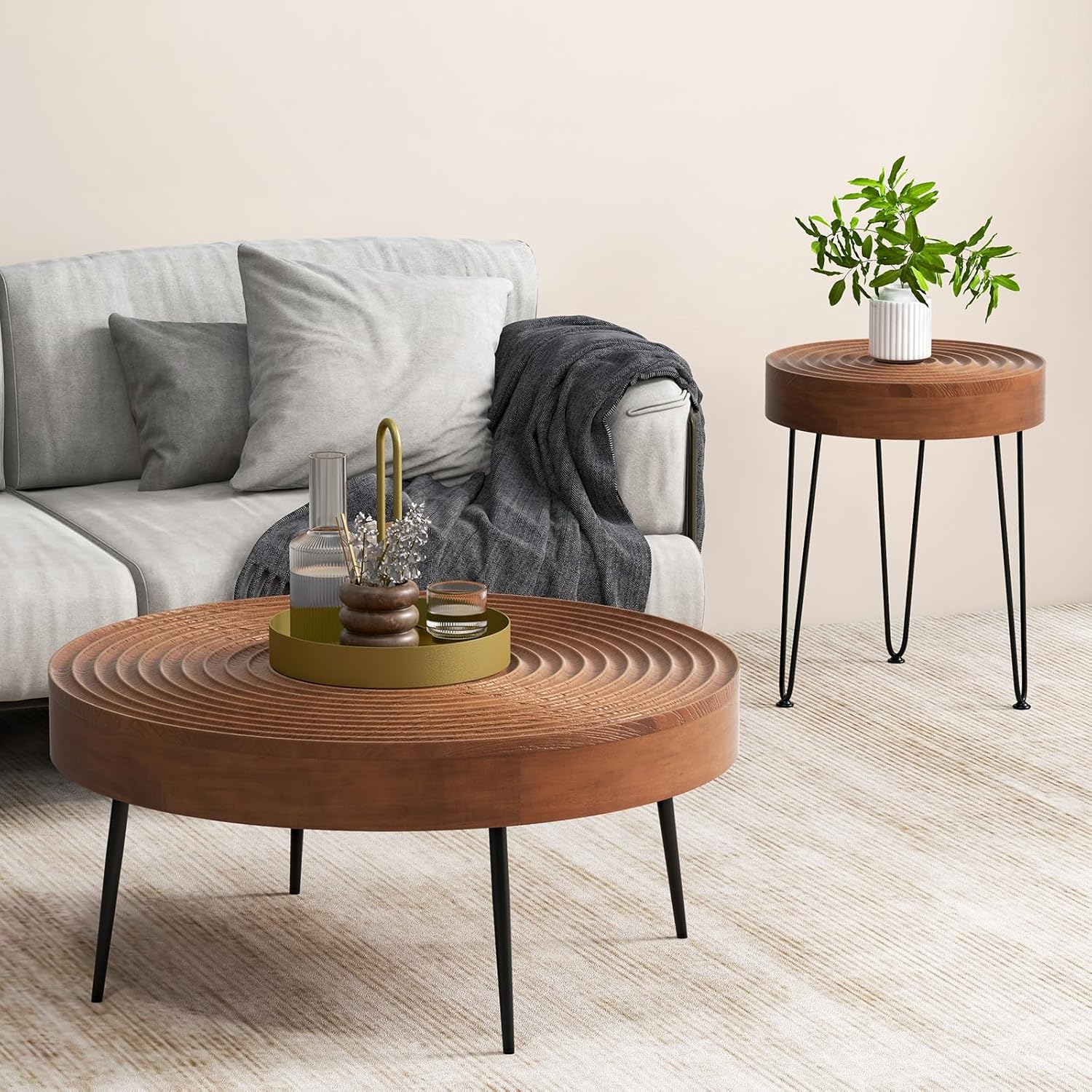 Giantex Boho Round Coffee Table Set of 2, Sofa Side Nesting Table with Solid Pine Wood Top, Metal Legs & Adjustable Foot Pads, 31.5" D Large Table Set for Living Room (Ring Pattern, Brown)