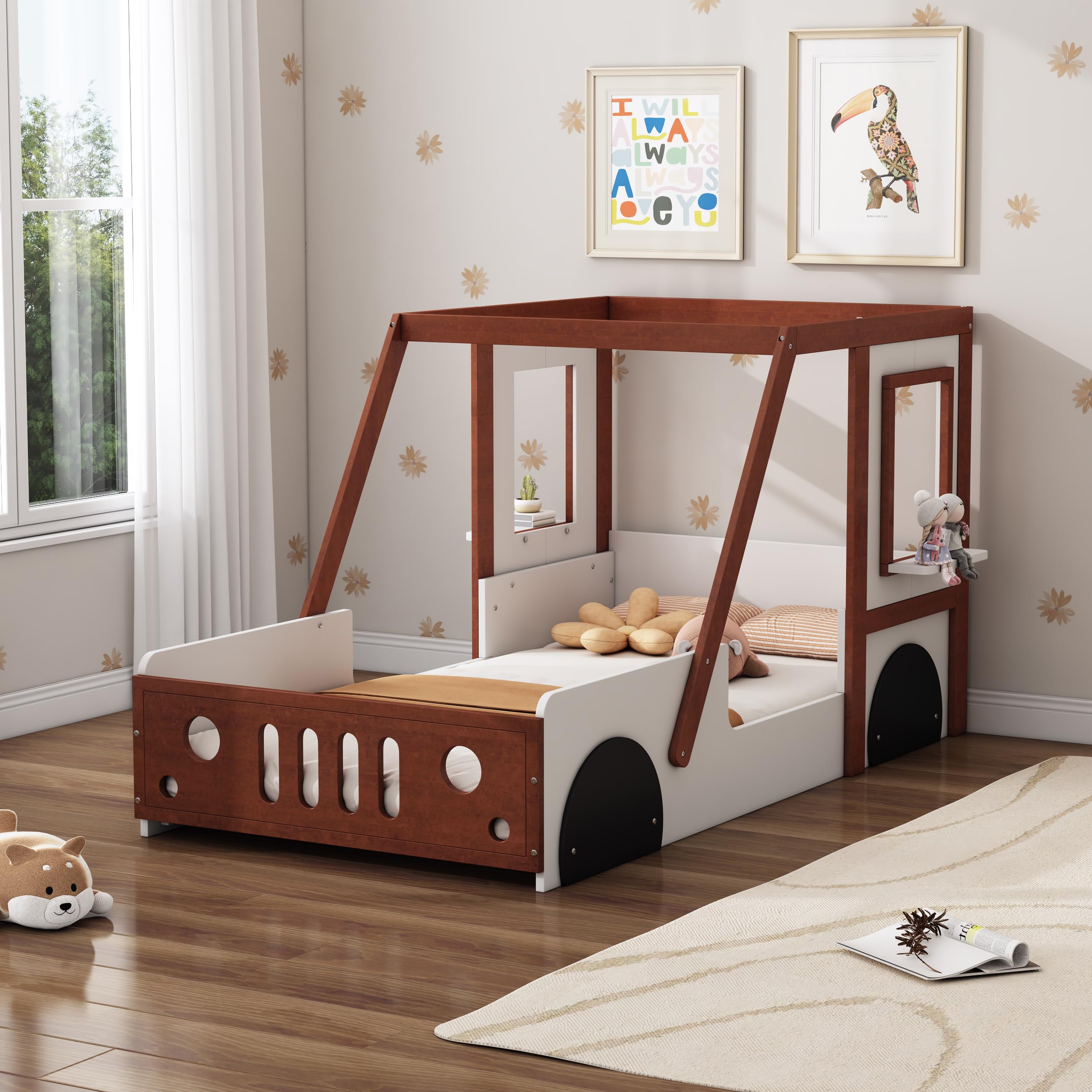 Cadre de lit voiture taille simple Harper & Bright Designs pour enfants, lit Montessori en bois au sol, lit plateforme simple avec roues et design de porte, lit simple ludique pour garçons filles chambre d'enfants, blanc et orange