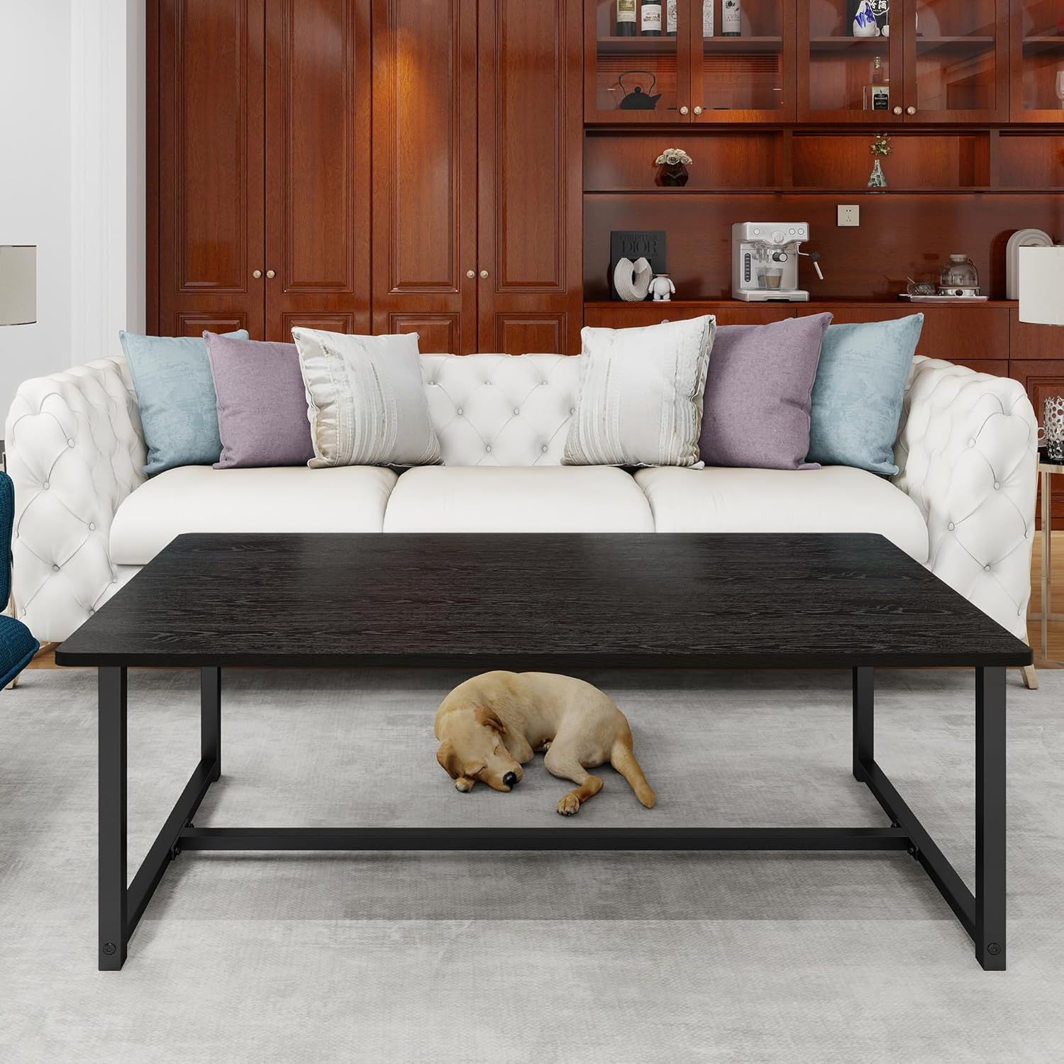 Black Coffee Table Rectangular Center Table for Living Room Open Space Side Table with Metal Frame, Easy Assembly,Wood Coffee Table