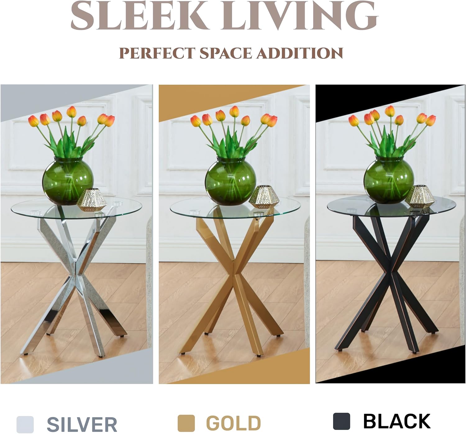 Modern Glass End Table, Small Round Side Table for Couch, Sofa Table with Clear Tempered Glass Top for Living Room, Bedroom, Bedside, 19.7" Wx21.7 H Silver