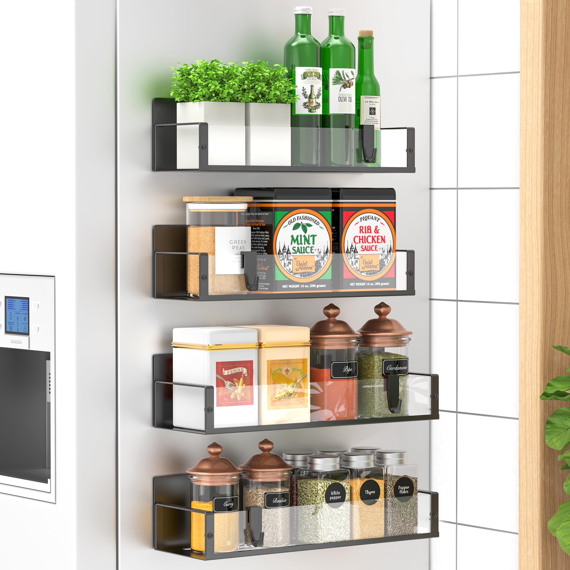 6 Pack Magnetic Spice Storage Rack Organizer for Refrigerator and Oven, Black Fridge Organizers and Storage