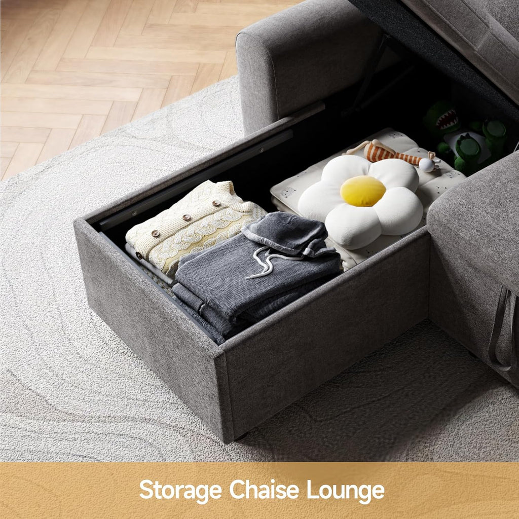 85" Sleeper Sofa, 2 in 1 Pull Out Couch Bed with Storage Chaise, Convertible L Shaped Sectional Sofa Couch with Pullout Bed & 2 Pillows, Cmofy Boucle Fabric, Grey Couches for Living Room