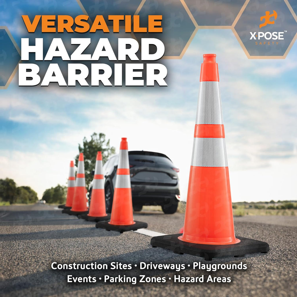 Xpose Safety 28 Inch Orange Slim Line Traffic Cones with 6" & 4" Collars, 24 Pack Multipurpose PVC Plastic Safety Cone for Parking, Soccer, Caution, Kids & Construction - DOT Approved