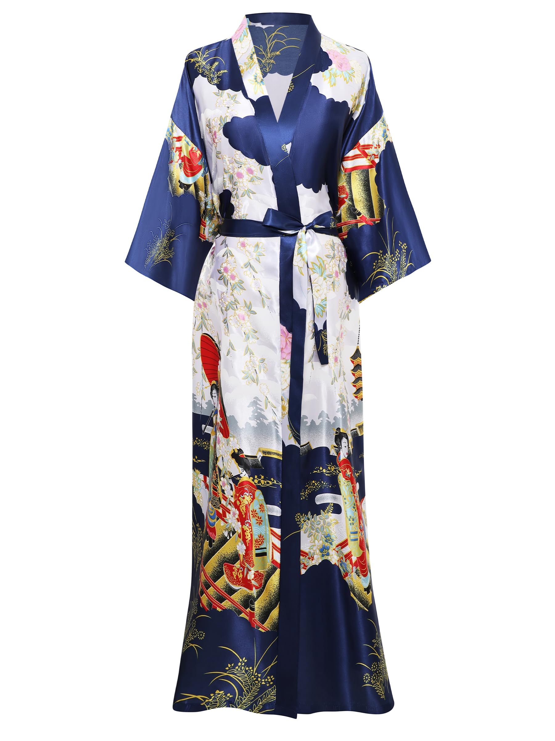 PRODESIGN Kimono Robe for Women - Long Satin Sleepwear Silky Kimono Cover-Up Nightgown Japanese Bathrobe Loungewear Blouse