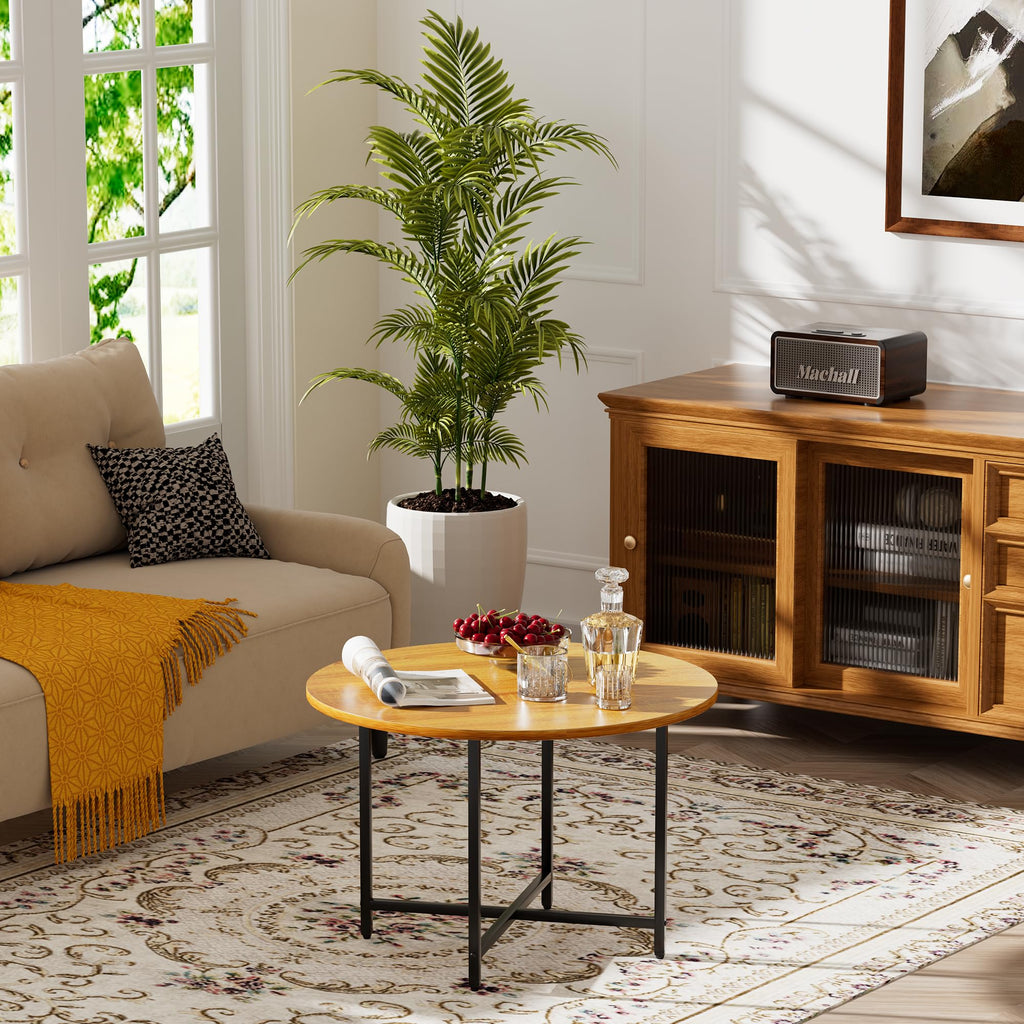 Round Coffee Table, Small Coffee Tables for Living Room, Wood Coffee Table with Metal Frame, Floor Table Desk for Sitting on The Floor, Home, Office, Farmhouse, Rustic Brown (23.6"D x 17.7"H)