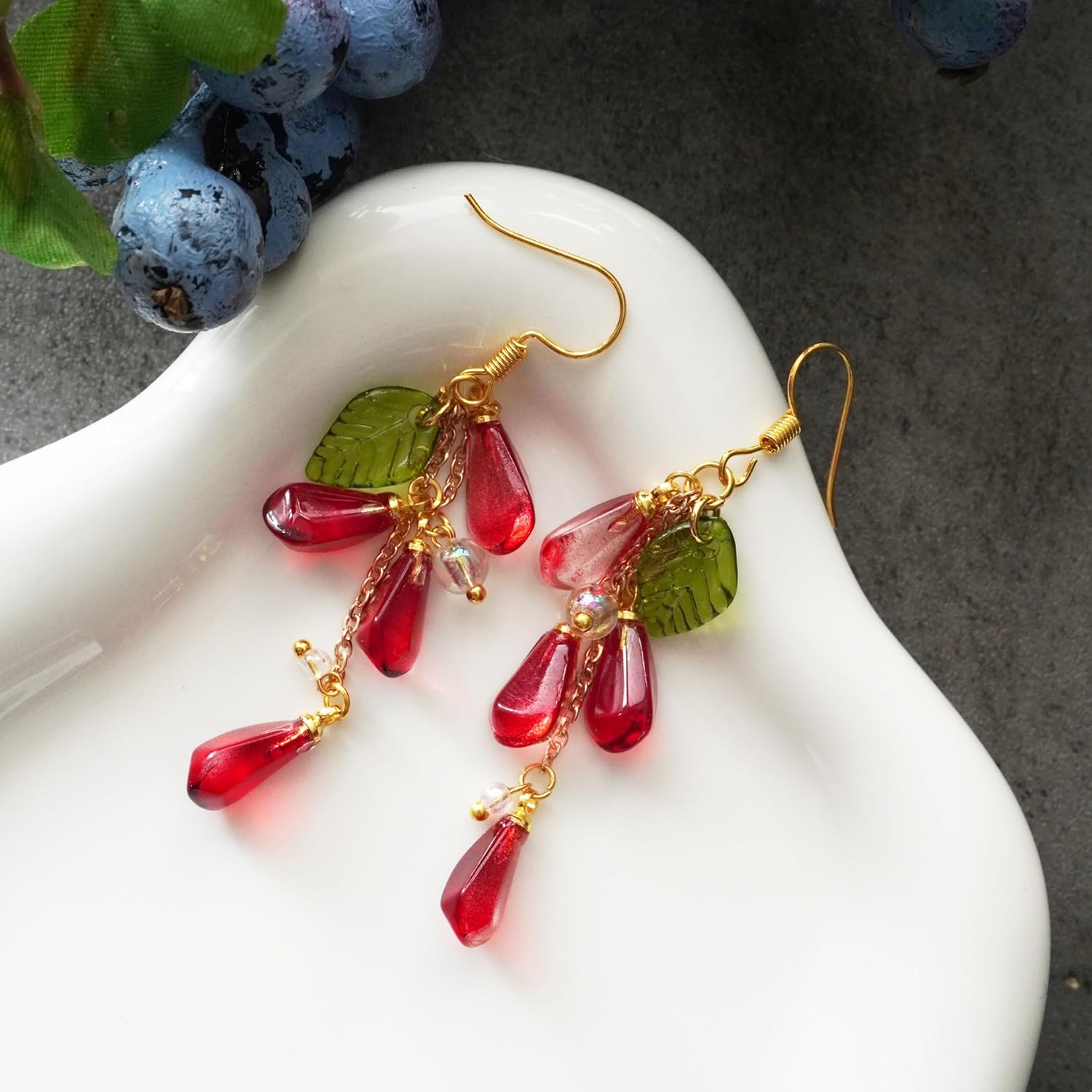 Handmade Glass Pomegranate Seed Earrings - Unique Nature-Inspired Jewelry, Elegant Red Glass Beads, Perfect Gift for Nature Lovers, Women’s Artistic Drop Earrings