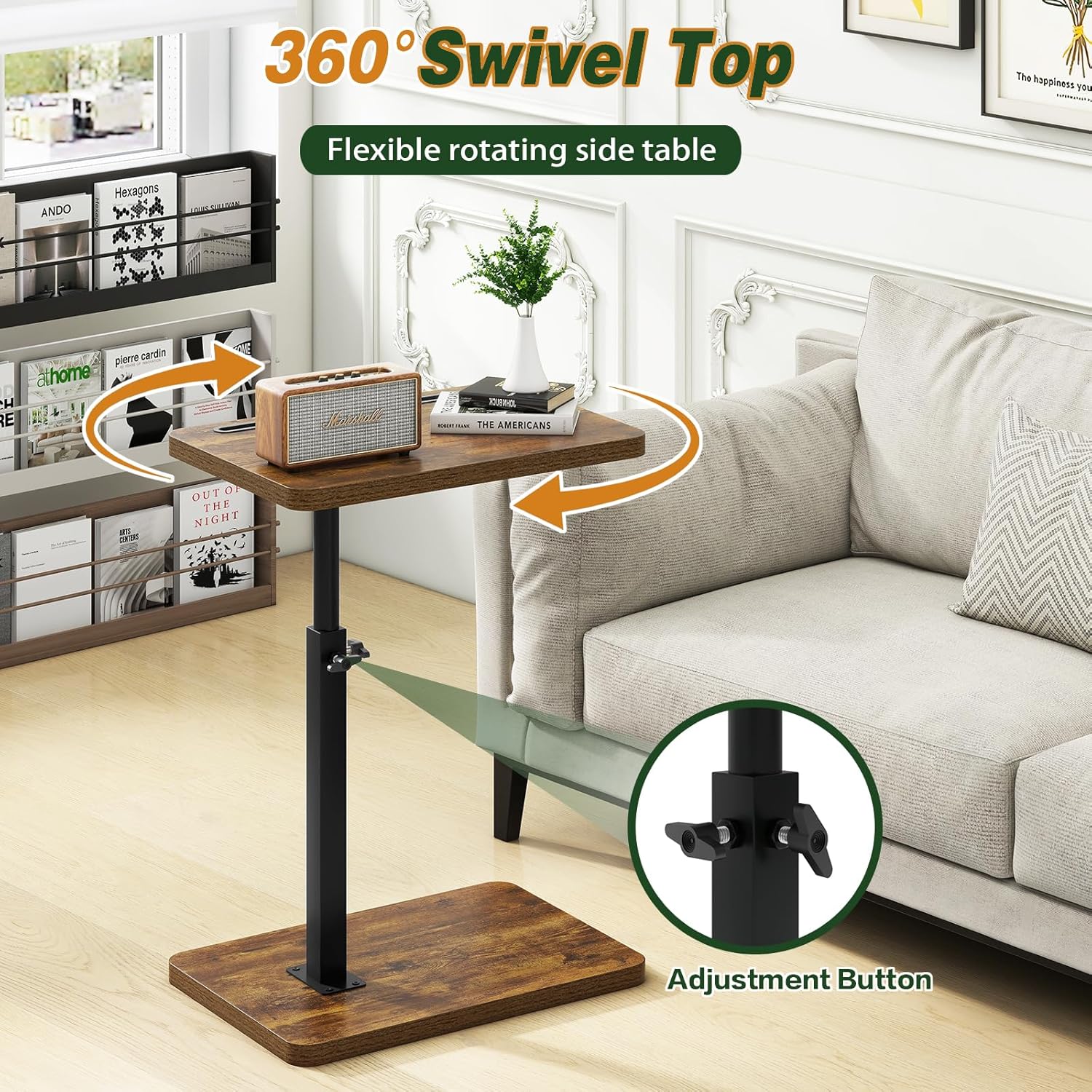 IBUYKE C Shaped Side Table, 360° Swivel Height Adjustable End Table for Small Spaces, with Phone & Tablet Slot, Modern Small Coffee Snack Table for Sofa/Bed, Retro Brown UTVT003H