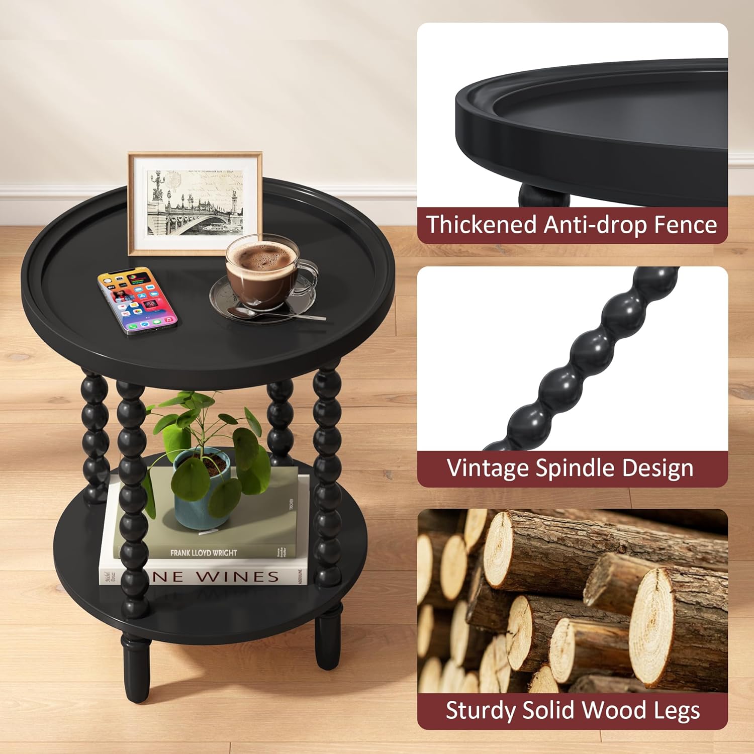 Gadroad Round End Table with Storage Shelf, 2 Tier Couch Side Table, Wood Coffee Table for Living Room, Bedroom, Black 19.3 * 19.3 * 25.6 inches