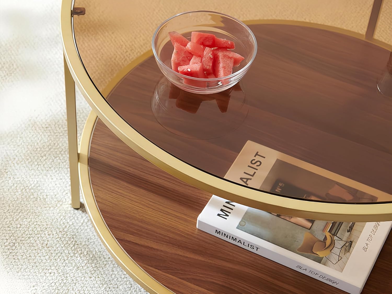 Modern Round Glass Coffee Table with Amber Glass Top, Round Glass Table for Living Room, D30''×H18'', Gold Table Legs Structure & Amber Glass Top