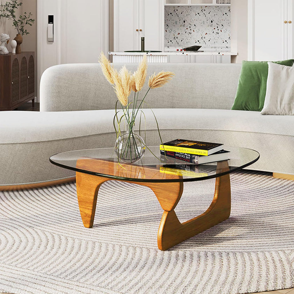 Coffee Tables for Living Room - Triangle Glass Coffee Table with Wooden Base Mid-Century Modern Abstract End Table for Study Room Office Hotel Balcony (Walnut Transparent, Small 32.2 * 22.4 * 16in)