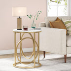 LITTLE TREE 20” Round End Table，Modern Sofa Side Table with Gold O-Shaped Base, Faux Marble White Cocktail Table Accent Table Nightstand for Living Room Bedroom