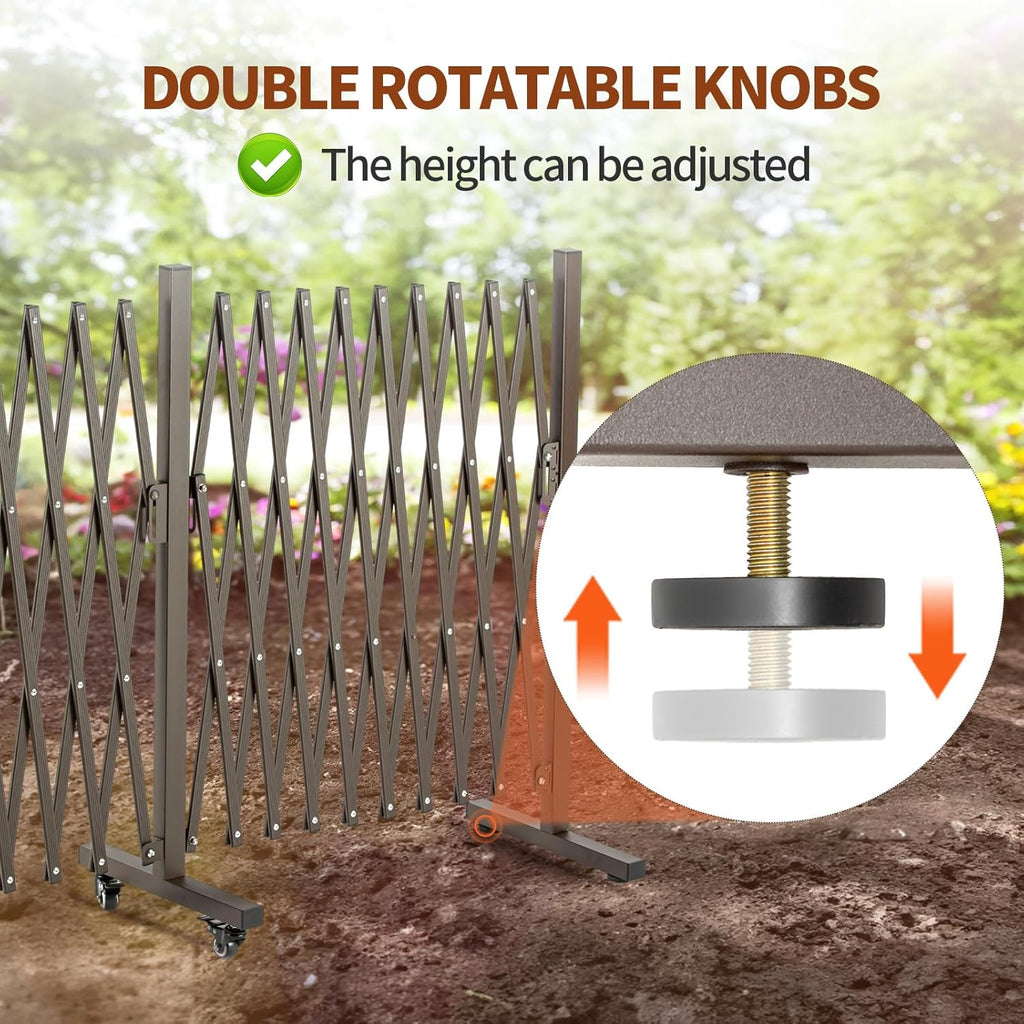 TECSPACE Aluminum Expandable Garden Fence, Portable Barricade Gate with Casters, Adjustable Retractable Fence Mobile Barricade Safety Barrier (Brown, 201×15×41 inch)