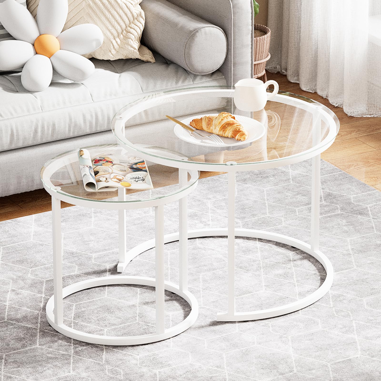 aboxoo Coffee Table Nesting White Set of 2 Side Set Golden Frame Circular Round and Marble Pattern Wooden Tables, Living Room Bedroom Apartment Modern Industrial Simple Nightstand