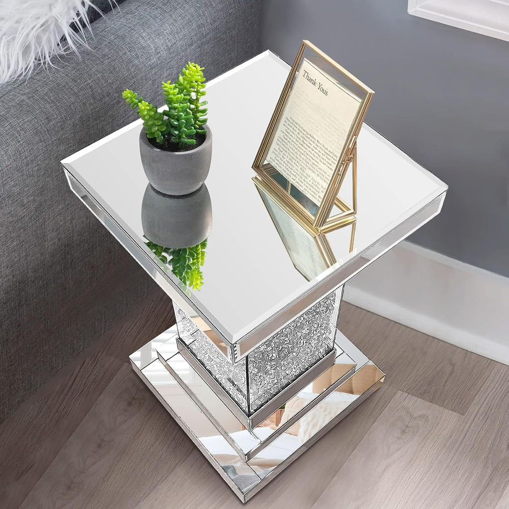 Pregaspor Silver Mirrored End Table, Square Side Table With Crystal Inlay, Modern Gorgeous Coffee Table for Living Room Bedroom